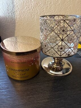 Bath & Body Works Champagne Toast Candle 3 wick & Candle Holder